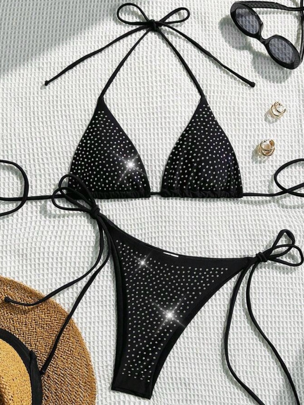SHEIN Black Crystal Triangle Tie-Side Bikini